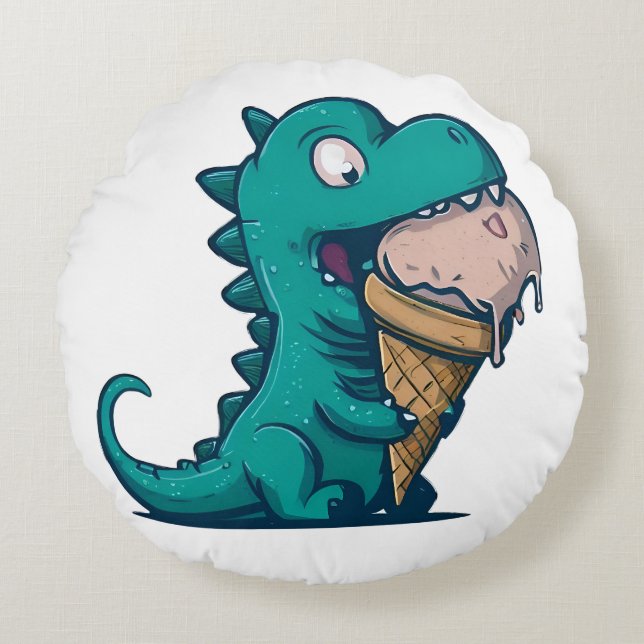 Blue Dino Loves Ice Cream - Funny Cartoon Art Round Cushion (Front)