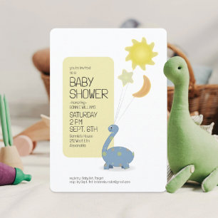 Blue Dino with Mylar Balloons Baby Shower Invitation