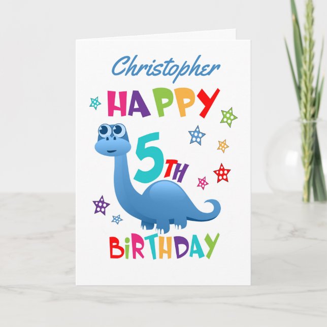 Blue Dinosaur 5th Birthday Card (Front)