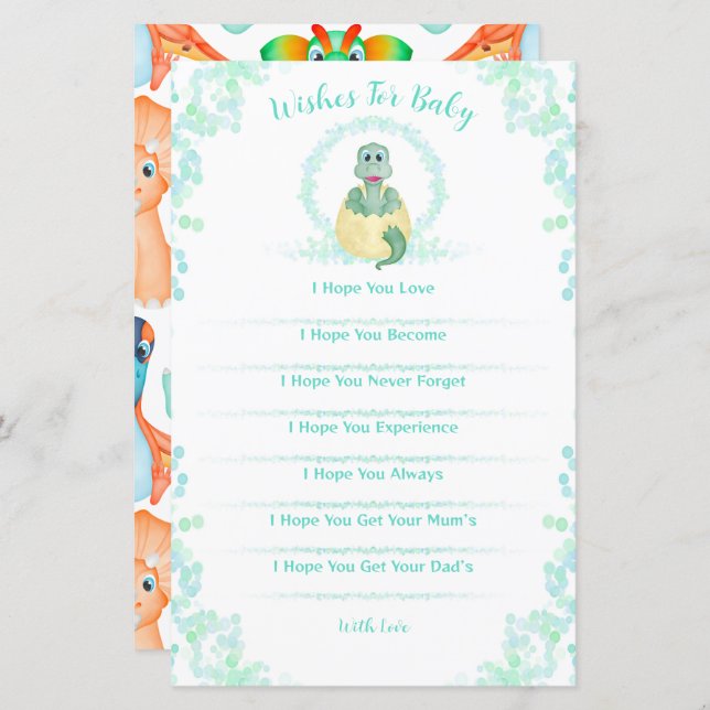 Blue Dinosaur Baby Shower Game Wishes For Baby (Front/Back)