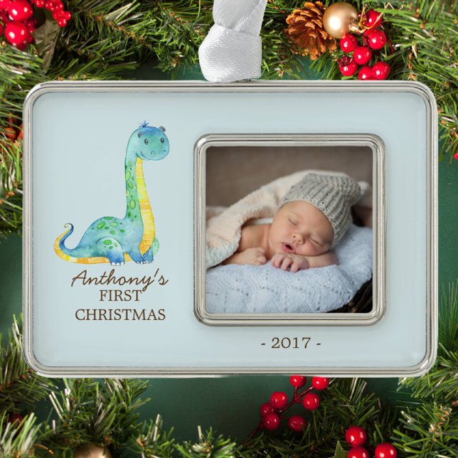Blue Dinosaur Baby's 1st Christmas Photo Ornament (Creator Uploaded)