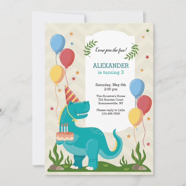 Blue Dinosaur Birthday Party  Invitation (Front)