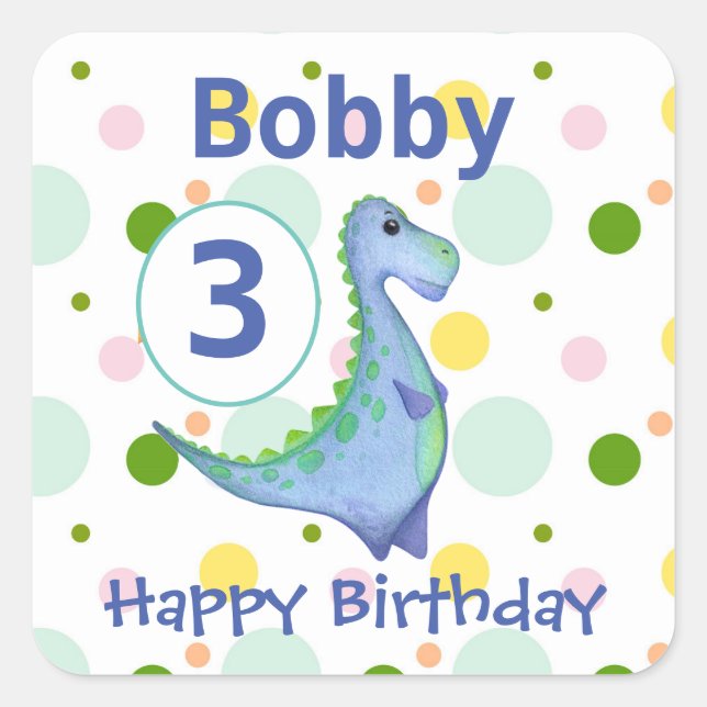 Blue Dinosaur Birthday Party Name & Age Square Sticker (Front)