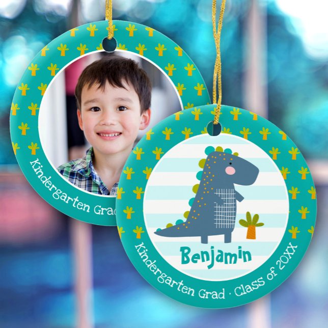 Blue Dinosaur Boy Kindergarten Graduation Keepsake Ceramic Ornament (Creator Uploaded)
