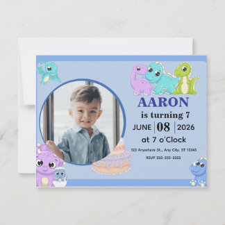 Blue Dinosaur Happy Birthday Invitation