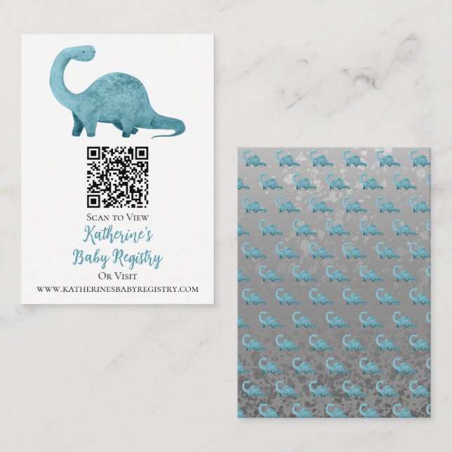 Blue Dinosaur QR Code Baby Registry Enclosure Card (Front/Back)