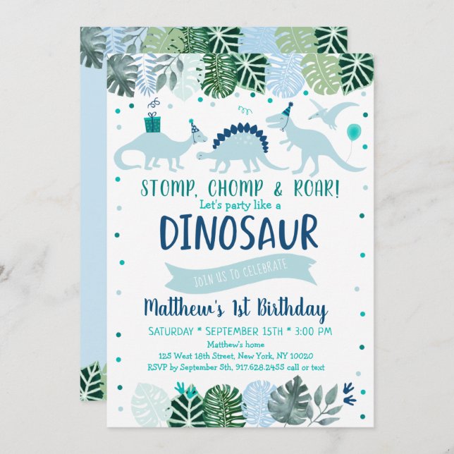 Blue Dinosaur Safari Birthday Invitation (Front/Back)