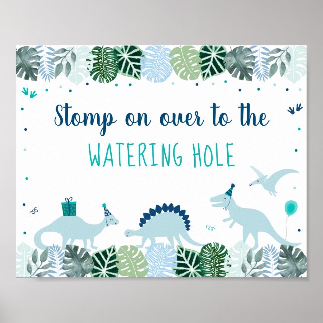 Blue Dinosaur Safari Birthday Watering Hole Sign (Front)