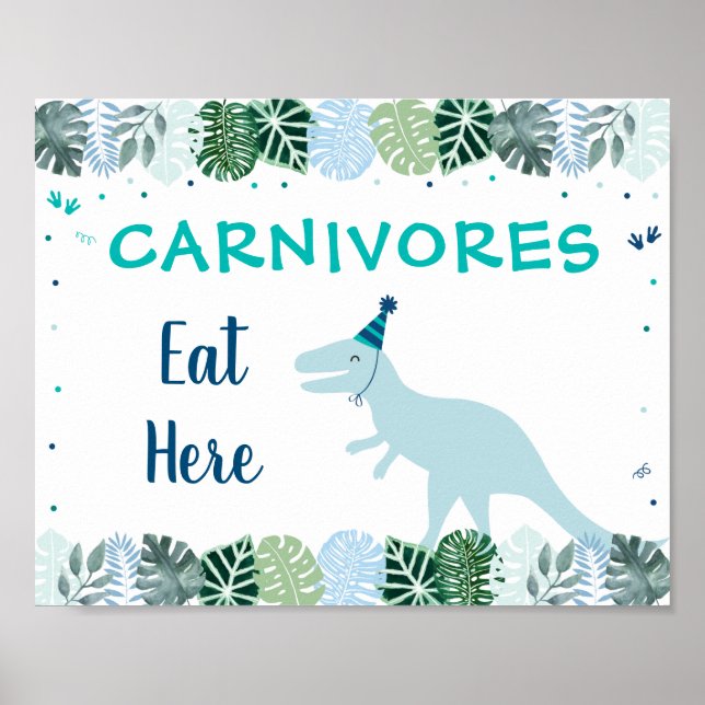 Blue Dinosaur Safari Carnivores Birthday Food Sign (Front)