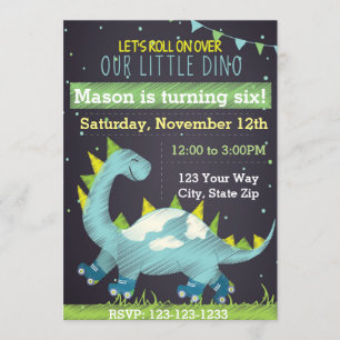 Blue Dinosaur Skate Birthday Invitation