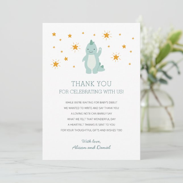 Blue Dinosaur Stars Boy Baby Shower  Thank You Card (Standing Front)