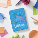 Blue dinosaur Stegosaurus custom name iPad Pro Cover<br><div class="desc">Help protect your device from dino accidents, with this kids case cover. Original graphic stegosaurus, trees and footprints design in shades of blue. Customise with your own name, currently reads Lochlan. Perfect for budding dinosaur paleontologists and dinosaur fans. Exclusive dinosaur drawing and design by Sarah Trett for www.mylittleeden.com on Zazzle....</div>