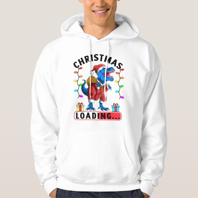 Blue Dinosaur T Rex Christmas Loading Hoodie (Front)
