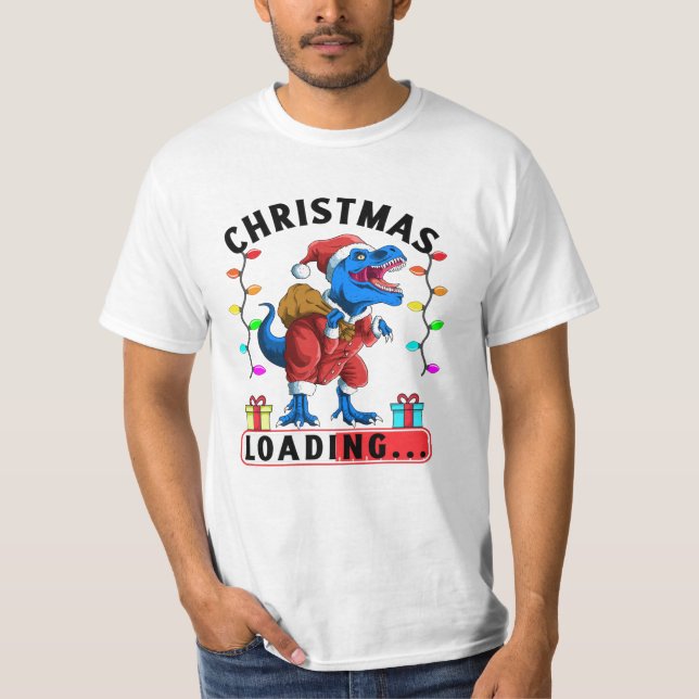 Blue Dinosaur T Rex Christmas Loading T-Shirt (Front)