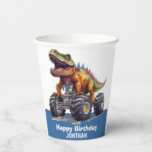 Blue Dinosaur T-Rex Monster Truck theme Paper Cups
