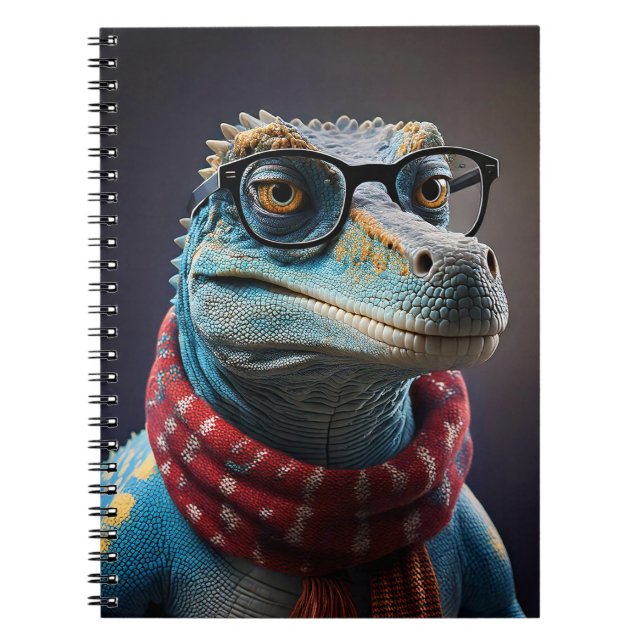 Blue dinosaur wearing a Christmas scarf Notebook (Front)