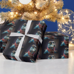 Blue dinosaur wearing a Christmas scarf Wrapping Paper