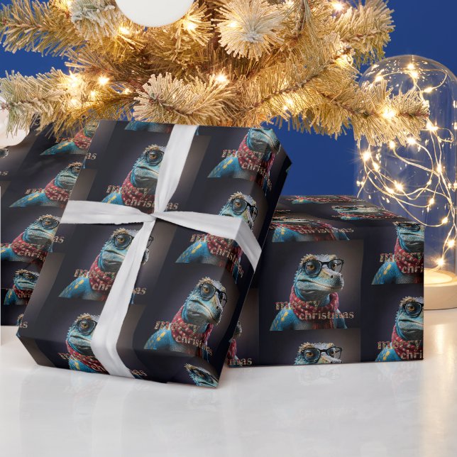 Blue dinosaur wearing a Christmas scarf Wrapping Paper (Holidays)
