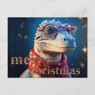 Blue dinosaur wearing glasses Christmas scarf Holiday Postcard
