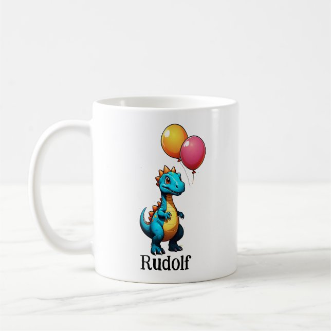 Blue dinosaur with balloons coffee mug (Left)