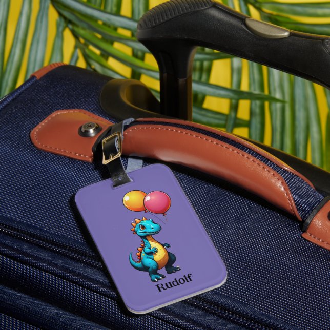 Blue dinosaur with balloons luggage tag (Front Insitu 1)