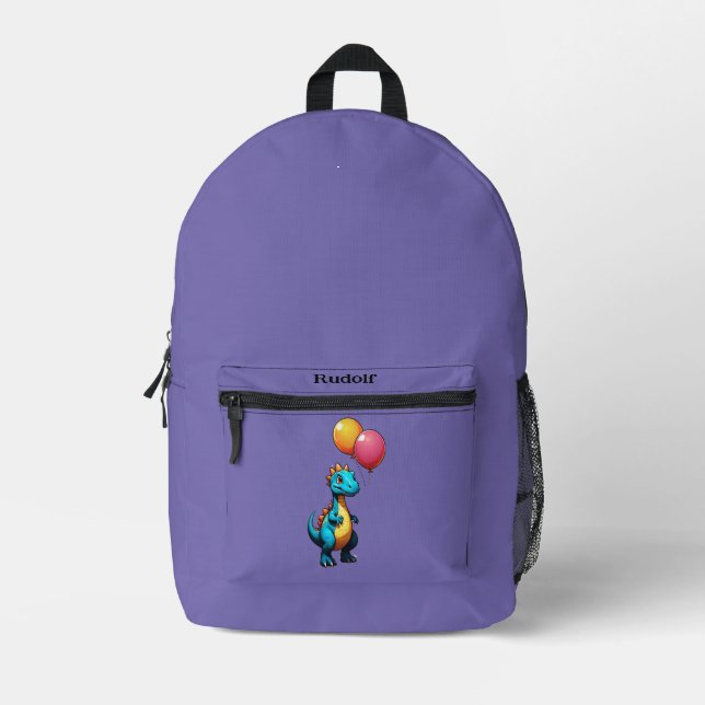 Blue dinosaur with balloons printed backpack (Front)