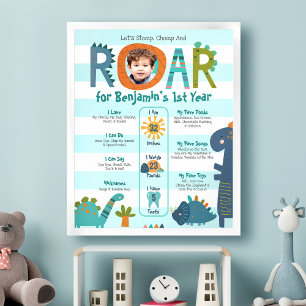 Blue Dinosaurs Photo Boy 1st Birthday Milestone Poster