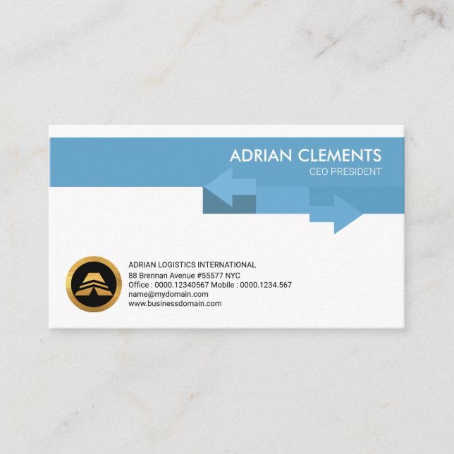 Blue Directional Arrows Stylish Creative Logistics Business Card (Front)