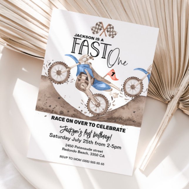  Blue Dirt Bike 1st birthday Fast ONE Invitation (Blue dirt bike birthday invitation, 1st birthday FAST ONE)
