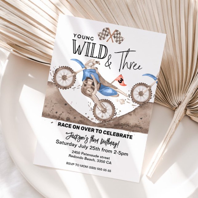Blue Dirt Bike 3rd birthday Young WILD and THREE  Invitation (Blue dirt bike 3rd birthday invitation, young wild three)