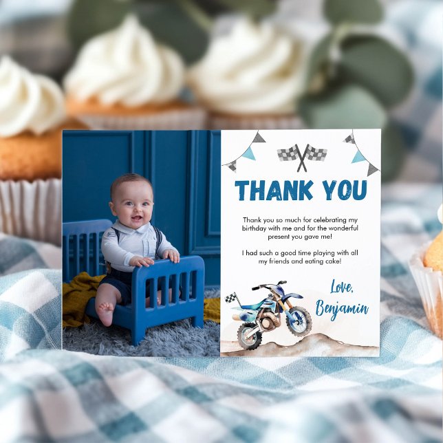 Blue Dirt Bike Boy Birthday Party Photo Thank You Card (Creator Uploaded)