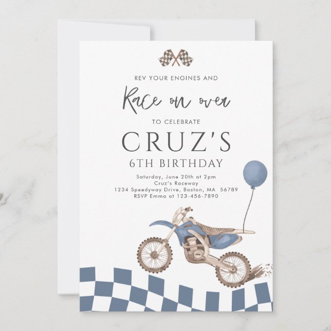 Blue Dirt Bike Boy Motocross Racing Birthday Party Invitation (Front)