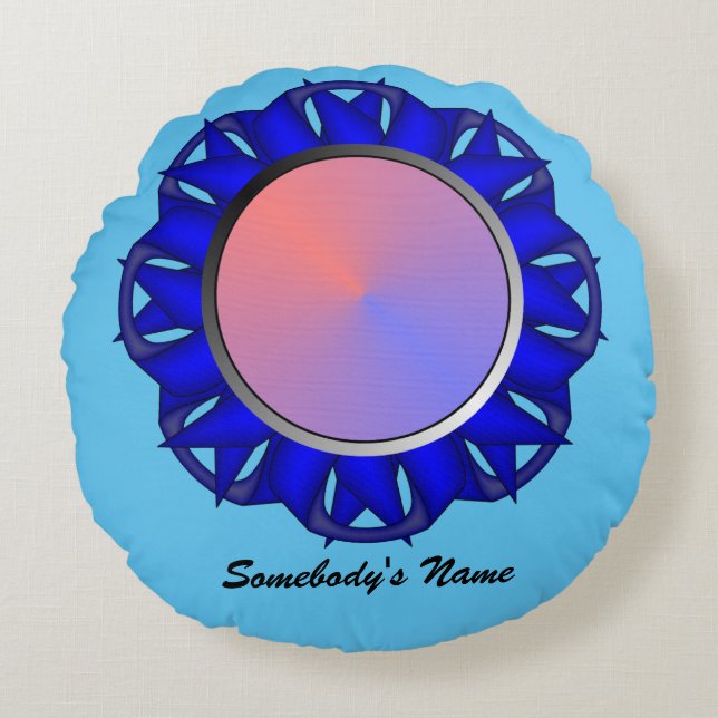 Blue Disc Ribbon by Kenneth Yoncich Round Cushion (Front)