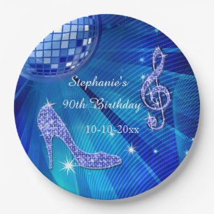 Blue Disco Ball and Heels 90th Birthday Paper Plate