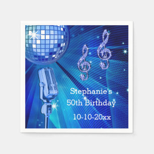 Blue Disco Ball and Retro Microphone 50th Birthday Napkin