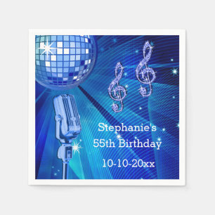 Blue Disco Ball and Retro Microphone 55th Birthday Napkin