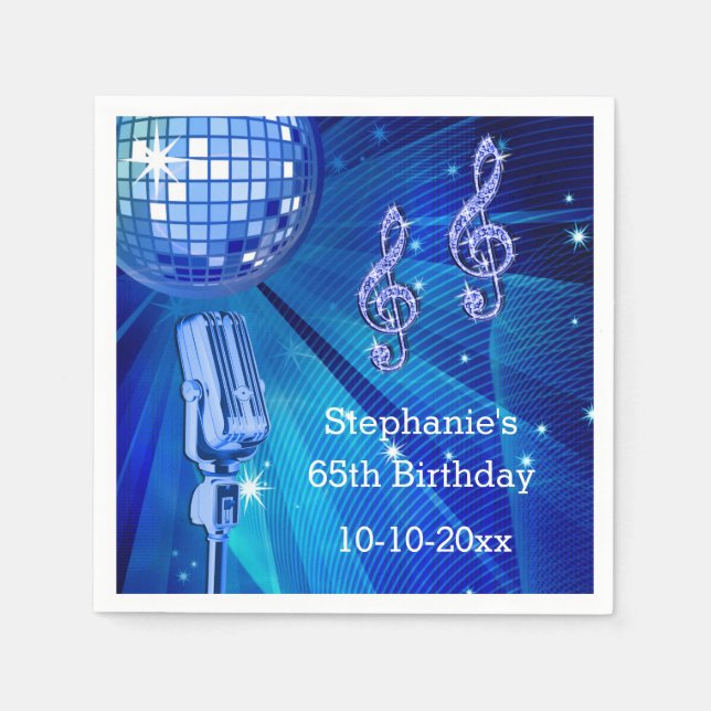 Blue Disco Ball and Retro Microphone 65th Birthday Napkin (Front)
