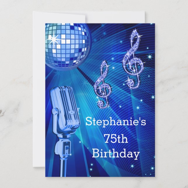 Blue Disco Ball and Retro Microphone 75th Birthday Invitation (Front)