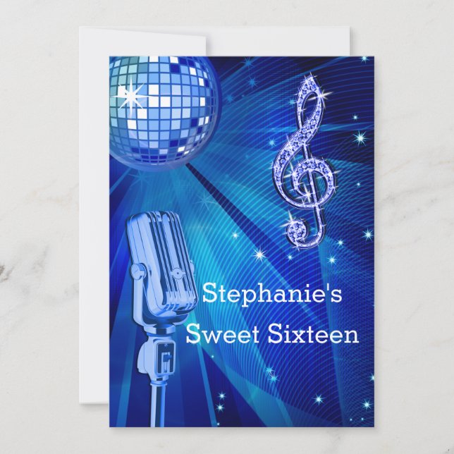 Blue Disco Ball and Retro Microphone Sweet 16 Invitation (Front)