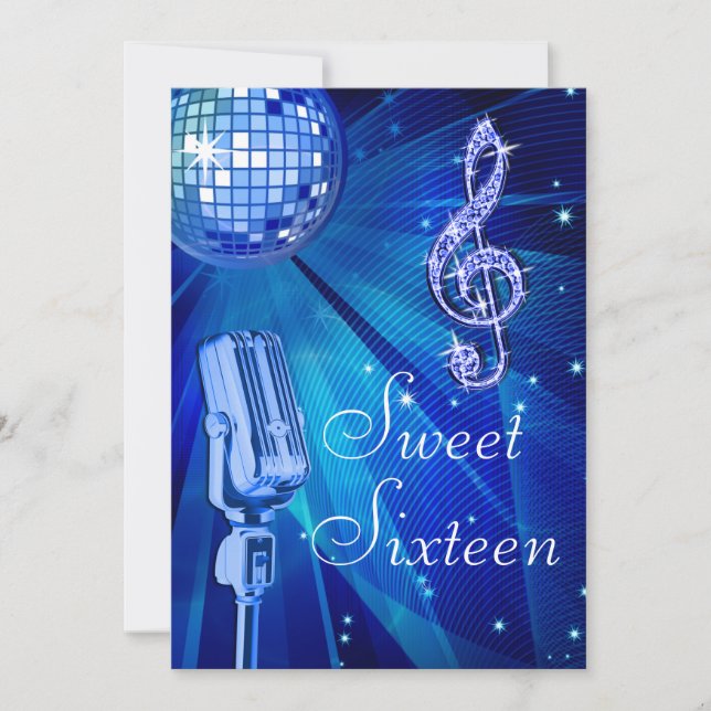 Blue Disco Ball and Retro Microphone Sweet 16 Invitation (Front)