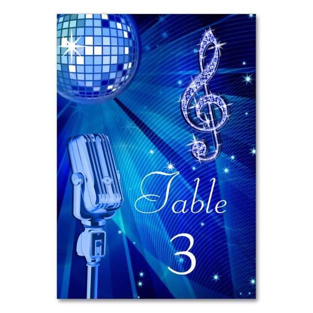 Blue Disco Ball and Retro Microphone Table Number (Back)