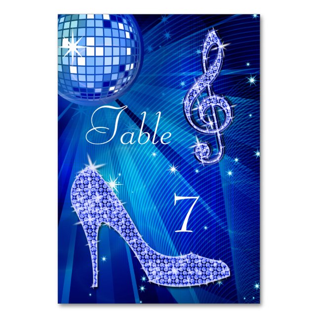 Blue Disco Ball and Stiletto Shoe Double Sided Table Number (Front)