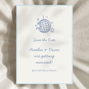 Blue Disco Ball Doodle Simple Fun Script Wedding Save The Date