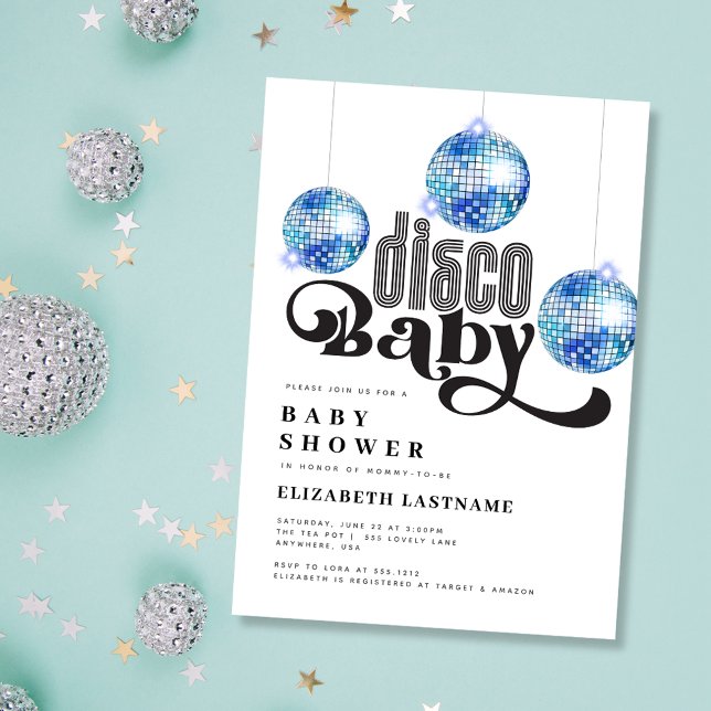 Blue Disco Ball Retro Disco Baby Shower Invitation (Creator Uploaded)