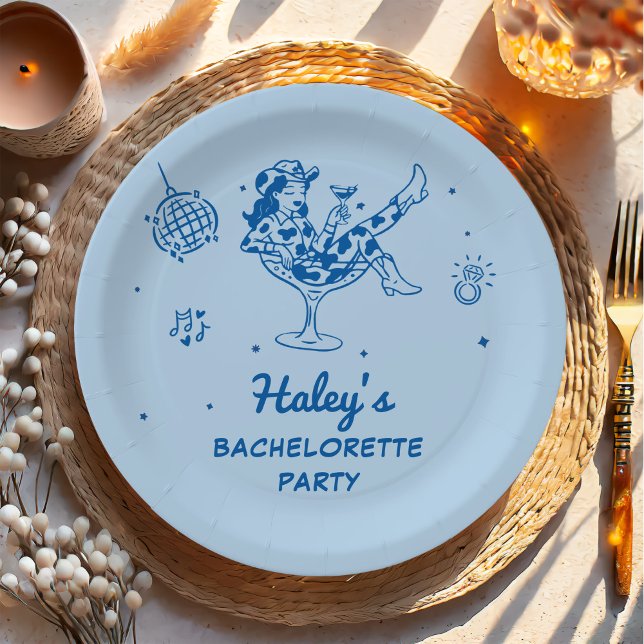 Blue Disco Cowgirl Rodeo Bachelorette Weekend Paper Plate (Creator Uploaded)