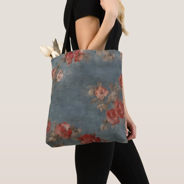 Blue Distressed Print with Old Roses Tote Bag (Close Up)