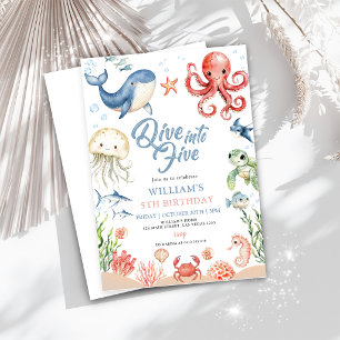 Blue Dive Into Five Ocean Animals 5th Birthday Invitation