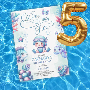 Blue Dive into Five Under the Sea 5th Birthday  Invitation