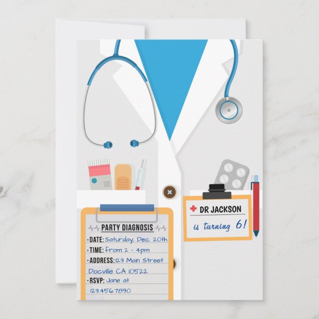 Blue Doctor Scrubs Birthday Party Invitation (Front)