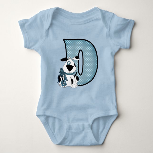 Blue Dog and Polka Dots for Boys Letter D  Baby Bodysuit (Front)